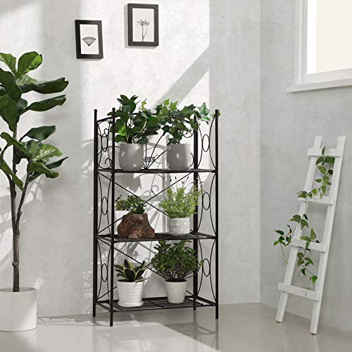SONGMICS Estantería Decorativa Plegable de Hierro, Soporte para Plantas de Macetas, 3 Niveles, Estilo Retro, Negro GFS102B