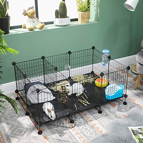 SONGMICS Jaula Metálica para Mascotas con Puerta, Valla para Animales Pequeños, Diseño DIY, para Cachorros, Conejos, Martillo de Goma Incluido, Negro LPI03H