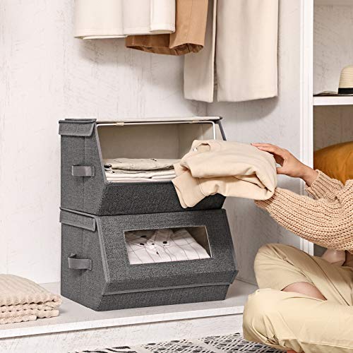 SONGMICS Juego de 2 Bandejas con Ventanas Transparentes, Cajas Plegables Apilables con Tapa Magnética, Marco Metálico y Asas Laterales, para Juguetes, Ropa, Gris y Beige RPLB02G
