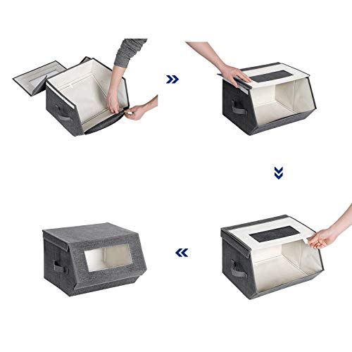 SONGMICS Juego de 2 Bandejas con Ventanas Transparentes, Cajas Plegables Apilables con Tapa Magnética, Marco Metálico y Asas Laterales, para Juguetes, Ropa, Gris y Beige RPLB02G