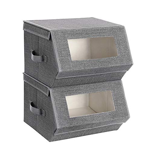 SONGMICS Juego de 2 Bandejas con Ventanas Transparentes, Cajas Plegables Apilables con Tapa Magnética, Marco Metálico y Asas Laterales, para Juguetes, Ropa, Gris y Beige RPLB02G