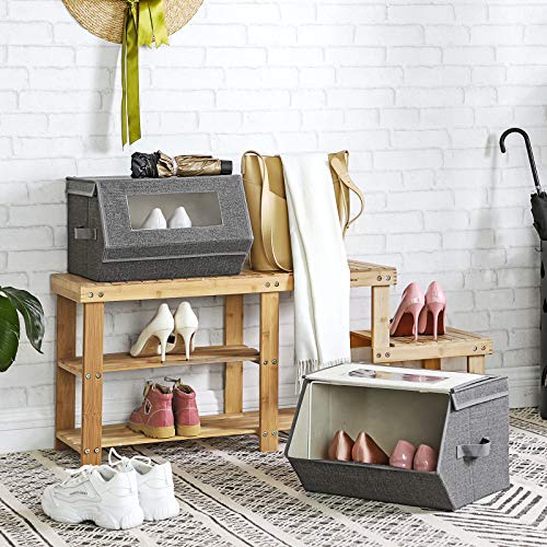 SONGMICS Juego de 2 Bandejas con Ventanas Transparentes, Cajas Plegables Apilables con Tapa Magnética, Marco Metálico y Asas Laterales, para Juguetes, Ropa, Gris y Beige RPLB02G