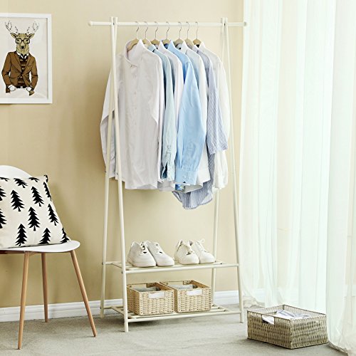 SONGMICS Perchero con Estante de 2 Niveles para Zapatos y Cestas, Estructura Metálica, Ahorra Espacio, Ideal para Dormitorio, Entrada, Oficina y Más, Blanco Cremoso HSR05W