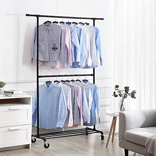 SONGMICS Perchero Industrial con Ruedas, Capacidad de Carga de 110 kg, Soporte de Ropa Metálico, Doble Barra Colgante con 1 Estante para Zapatos, Expositor Comercial para Uso Pesado, Negro HSR62BK