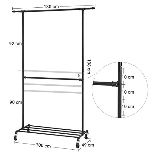 SONGMICS Perchero Industrial con Ruedas, Capacidad de Carga de 110 kg, Soporte de Ropa Metálico, Doble Barra Colgante con 1 Estante para Zapatos, Expositor Comercial para Uso Pesado, Negro HSR62BK