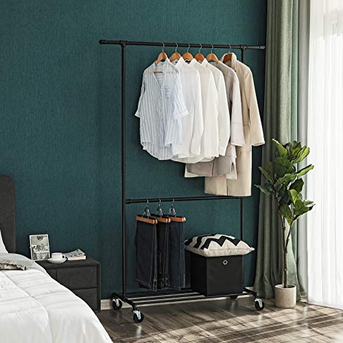 SONGMICS Perchero Industrial con Ruedas, Capacidad de Carga de 110 kg, Soporte de Ropa Metálico, Doble Barra Colgante con 1 Estante para Zapatos, Expositor Comercial para Uso Pesado, Negro HSR62BK