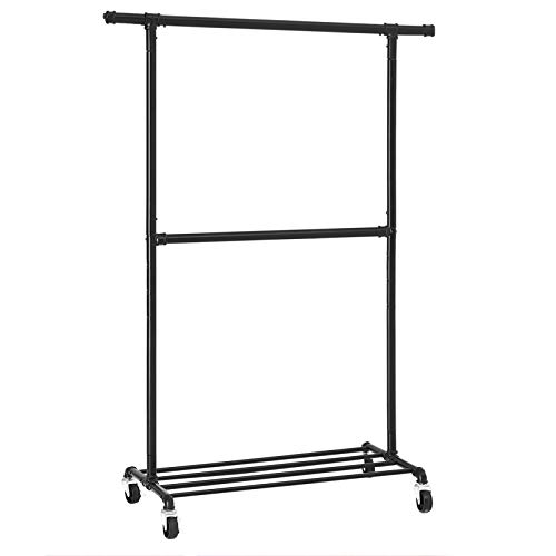 SONGMICS Perchero Industrial con Ruedas, Capacidad de Carga de 110 kg, Soporte de Ropa Metálico, Doble Barra Colgante con 1 Estante para Zapatos, Expositor Comercial para Uso Pesado, Negro HSR62BK