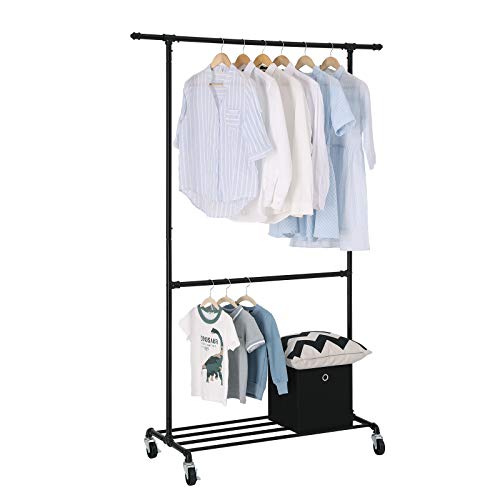 SONGMICS Perchero Industrial con Ruedas, Capacidad de Carga de 110 kg, Soporte de Ropa Metálico, Doble Barra Colgante con 1 Estante para Zapatos, Expositor Comercial para Uso Pesado, Negro HSR62BK