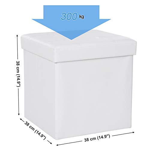 SONGMICS Taburete Plegable, Asiento, Caja de Almacenamiento con Asas, Soporta hasta 300 kg, Piel sintética, Profundidad de 38 cm, Blanco LSF30W