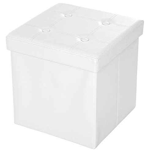 SONGMICS Taburete Plegable, Asiento, Caja de Almacenamiento con Asas, Soporta hasta 300 kg, Piel sintética, Profundidad de 38 cm, Blanco LSF30W