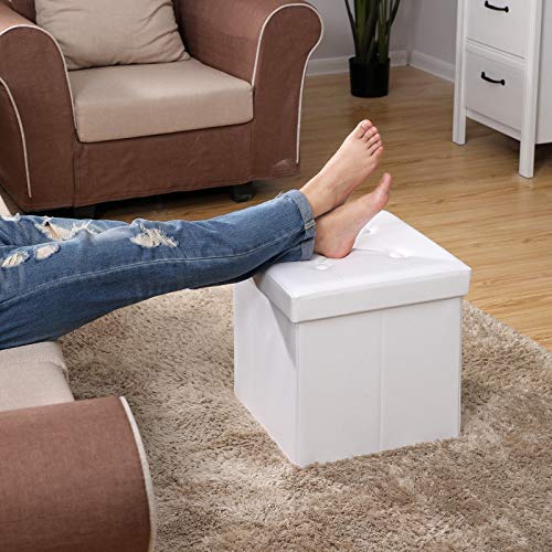 SONGMICS Taburete Plegable, Asiento, Caja de Almacenamiento con Asas, Soporta hasta 300 kg, Piel sintética, Profundidad de 38 cm, Blanco LSF30W