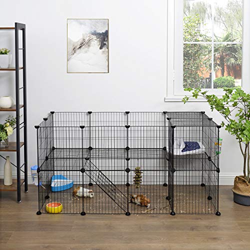 SONGMICS Valla para Paqueños Animales, Jaula de Malla metálica Ajustable, Valla con 2 Niveles, Recinto Flexible, Martillo de Goma Incluido, Montaje DIY, 143 x 73 x 71 cm, Negro LPI02H