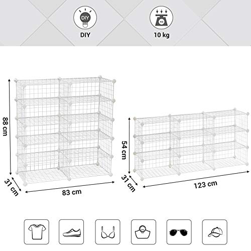 SONGMICS Zapatero, Organizador de Cubos Rectangulares, Estantería Modular DIY, 40 x 30 x 17 cm por Cada Rejilla, Armario con Cierre de Alambre Metálico, para Armario de Entrada, Blanco LPI25W