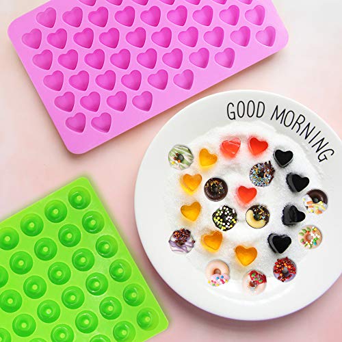 Sonku - Moldes de silicona para caramelos, chocolate, gelatina y hielo, 3 unidades, antiadherentes, forma de corazón y donuts, con 1 cuentagotas, color rosa y verde