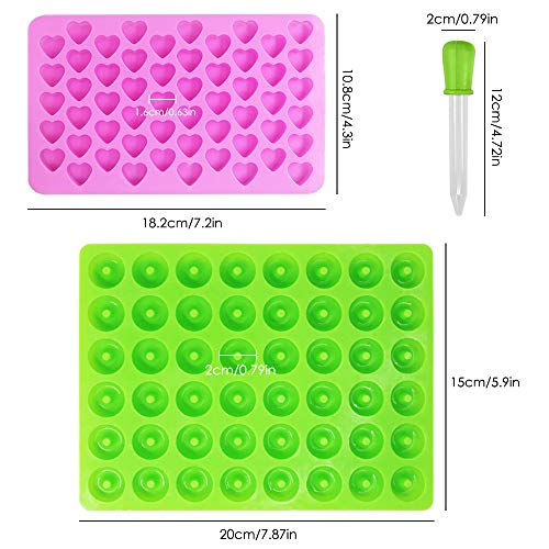 Sonku - Moldes de silicona para caramelos, chocolate, gelatina y hielo, 3 unidades, antiadherentes, forma de corazón y donuts, con 1 cuentagotas, color rosa y verde