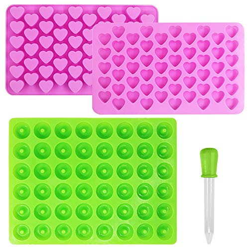 Sonku - Moldes de silicona para caramelos, chocolate, gelatina y hielo, 3 unidades, antiadherentes, forma de corazón y donuts, con 1 cuentagotas, color rosa y verde