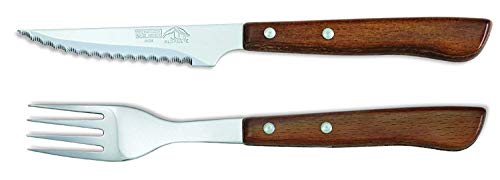 Sonpó Online - Modelo PKCTM - Juego de cuchillo chuletero y tenedor de mesa (12 piezas) - Mango de madera comprimida y hoja de acero inoxidable.