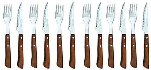 Sonpó Online - Modelo PKCTM - Juego de cuchillo chuletero y tenedor de mesa (12 piezas) - Mango de madera comprimida y hoja de acero inoxidable.