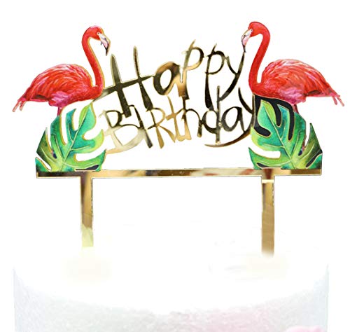 SONSMER - Decoración de flamencos para tarta de cumpleaños con la frase en inglés "Happy Birthday", de acrílico con flamencos brillantes, ideal como decoración alternativa a la vela