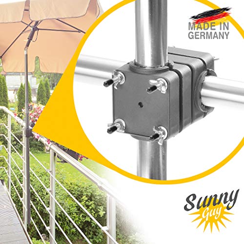 Soporte de sombrilla para barandilla de balcón – Sunnyguy, firme, estable y ahorra espacio - Soporte de sombrillas terraza compacto para sombrillas de hasta Ø 2,50 m o de 2 x 1,25 m