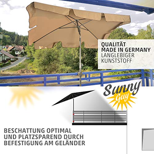 Soporte de sombrilla para barandilla de balcón – Sunnyguy, firme, estable y ahorra espacio - Soporte de sombrillas terraza compacto para sombrillas de hasta Ø 2,50 m o de 2 x 1,25 m