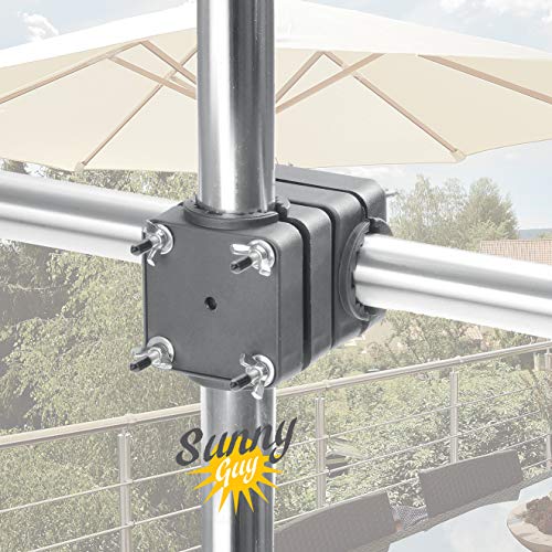 Soporte de sombrilla para barandilla de balcón – Sunnyguy, firme, estable y ahorra espacio - Soporte de sombrillas terraza compacto para sombrillas de hasta Ø 2,50 m o de 2 x 1,25 m