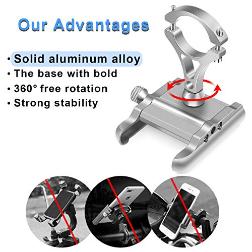Soporte Movil Bicicleta Aluminio Motocicleta Telefono Soporte Universal 360°Rotación Soporte Móvil Manillar para Bici Moto Compatible para iPhone, Samsung, Xiaomi, Huawei 4"-6.8"Smartphones (Plata)