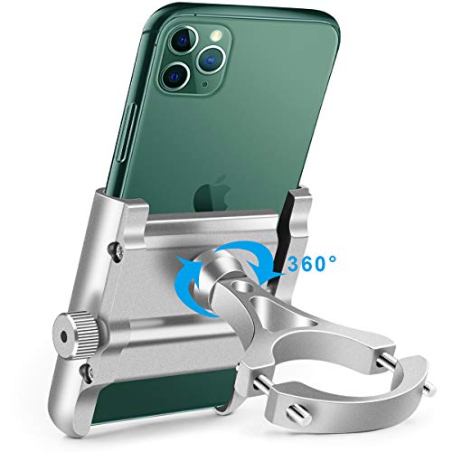 Soporte Movil Bicicleta Aluminio Motocicleta Telefono Soporte Universal 360°Rotación Soporte Móvil Manillar para Bici Moto Compatible para iPhone, Samsung, Xiaomi, Huawei 4"-6.8"Smartphones (Plata)