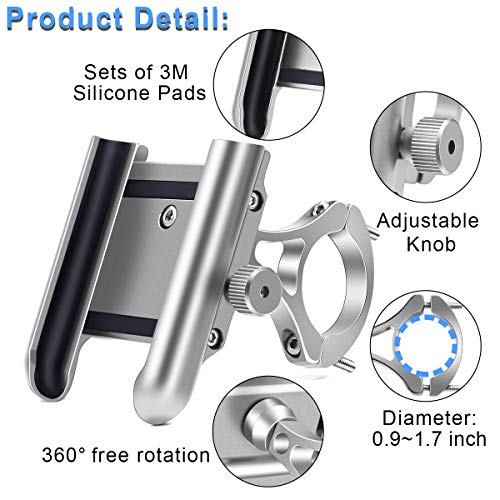 Soporte Movil Bicicleta Aluminio Motocicleta Telefono Soporte Universal 360°Rotación Soporte Móvil Manillar para Bici Moto Compatible para iPhone, Samsung, Xiaomi, Huawei 4"-6.8"Smartphones (Plata)