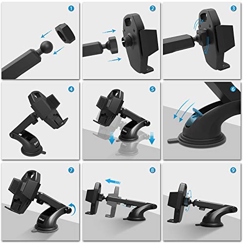 Soporte Móvil Coche, Beikell Soporte del Coche Móvil Universal para Parabrisas y Salpicadero con Ventosa de Gel Fuerte y Brazo Ajustable Giro 360 Grado para iPhone X/8/7/6 y Más