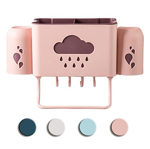 Soporte para cepillo de dientes sin perforación, con 2 tazas, estantes de baño, estante de ducha, organizador de cocina, bandeja de almacenamiento (rosa)