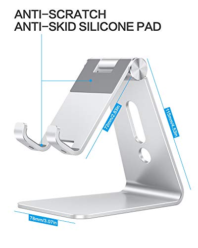 Soporte Teléfono Móvil Mesa, OMOTON Base para Móvil Ajustable de Escritorio, Apoyo para Teléfono de Aluminio para iPhone 12/11/XR/SE 2020, Redmi Note 9/8/8 Pro/7, Samsung y Otras Smartphones, Plata