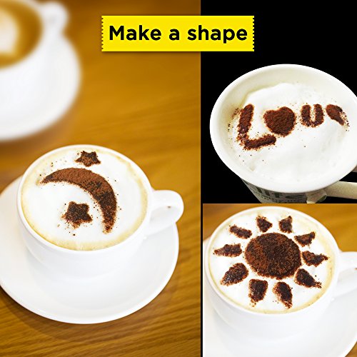 SOSMAR 18/8 Acero Inoxidable Chocolate Shaker/Dredgers/Sprinkler Icing Sugar Salt Cacao Harina Café Latte Cappucccino Malla Sifter con Tapa, 16 Piezas Plantillas de café & Clip 2 x 250ml Plata