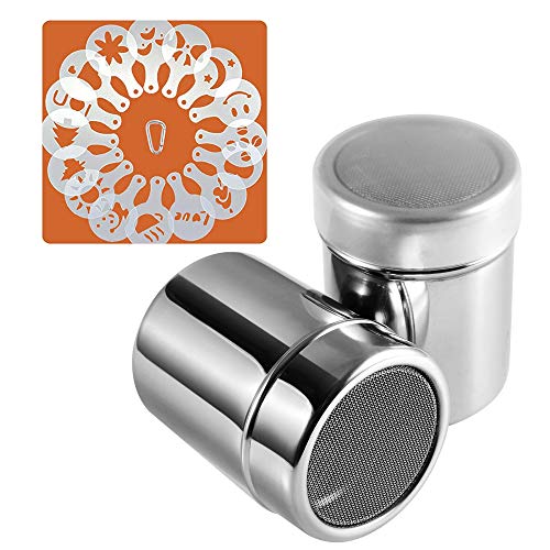 SOSMAR 18/8 Acero Inoxidable Chocolate Shaker/Dredgers/Sprinkler Icing Sugar Salt Cacao Harina Café Latte Cappucccino Malla Sifter con Tapa, 16 Piezas Plantillas de café & Clip 2 x 250ml Plata