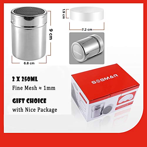 SOSMAR 18/8 Acero Inoxidable Chocolate Shaker/Dredgers/Sprinkler Icing Sugar Salt Cacao Harina Café Latte Cappucccino Malla Sifter con Tapa, 16 Piezas Plantillas de café & Clip 2 x 250ml Plata
