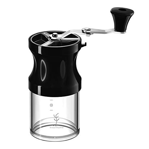 soulhand – Molinillo de café manual, molino de café portátil, fresas céramiques cónicas regulables con manivela plegable con cepillo de limpieza