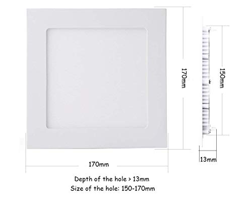 SPA12CW (2 Unidades) Lámpara LED 12W 6500K Cuadrada 170 x 170mm, 1080LM, Foco de luz LED para Techo con Transformador incluido AC 85-265V, Foco empotrable para Techo [Color Blanco Frío]