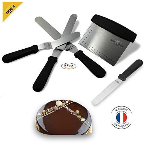 Spatule de Patisserie - 4 Pièces - Ensemble de 3 Spatules Coudées en Inox, Souple et Légère avec lame flexible + 1 Coupe Pâte Gardué avec Lame Droite et Rigide - Spatule de Cuisine (4)