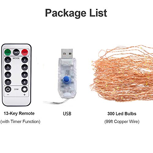 SPECOOL Luces Guirnalda Cadena de Luces USB 300 LED Jardín USB Cargada,Impermeable IP65, Alambre de Cobre Luces Interiores Blancas de Exterior para Bodas Decoracion, Navidad, Fiesta (99 ft / 30 m)