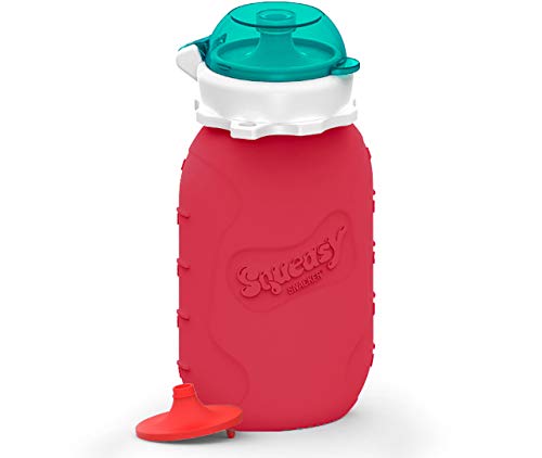 Squeasy Snacker, 180ml - Bolsa de Comida para Bebés Reutilizables | Para Batidos de Fruta Caseros, Yogurt y Zumos | Botella de Silicona, sin BPA (Rojo)