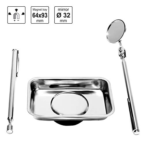 S&R Bandeja magnética 64x93mm + Herremieneta magnética telescópica hasta 625 mm + Espejo flexible Ø 32 mm expandible hasta 460 mm. Kit de Inspección Magnético