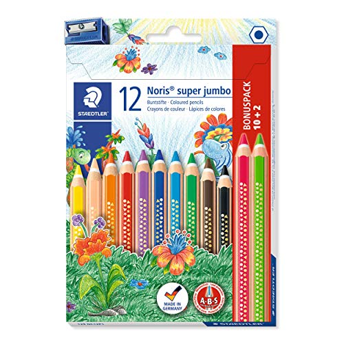 STAEDTLER Noris Club 129 NC12P1. Lápiz jumbo de diseño triangular. 12 lapiceros de colores variados y un sacapuntas