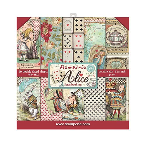 STAMPERIA Bloc de papel (10 hojas, 20,3 x 20,3, doble cara, Alice, multicolor, 20.3 x 20.3 (8" x 8")