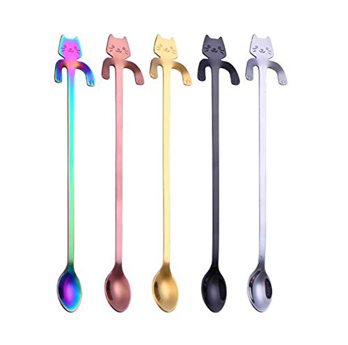 STARAYS Mini Cuchara de Café para Gato, 5 unids Colorido Gato de Acero Inoxidable Cucharitas de Café Té de Cucharas Set de Azúcar Postre Aperitivo Condimento Bistró Cuchara,12cm