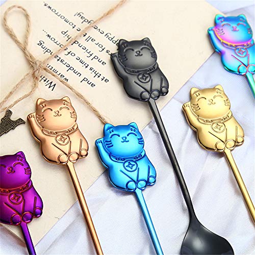 STARAYS Paquete de 7 cucharas de café Mini Cat, Coloridas cucharas de té de Acero Inoxidable Aperitivo de Postre de azúcar Sazonador Bistro Bistro