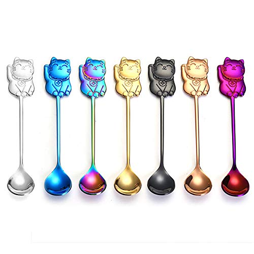 STARAYS Paquete de 7 cucharas de café Mini Cat, Coloridas cucharas de té de Acero Inoxidable Aperitivo de Postre de azúcar Sazonador Bistro Bistro