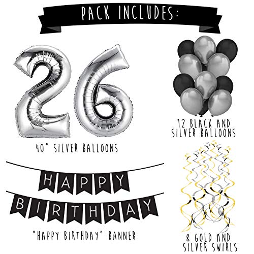 Sterling James Co. Paquete para Fiesta de Cumpleaños Número 26 “Happy Birthday”- Paquete con Banderín de Feliz Cumpleaños Negro y Plateado, Globos y Serpentinas- Decoración para Cumpleaños