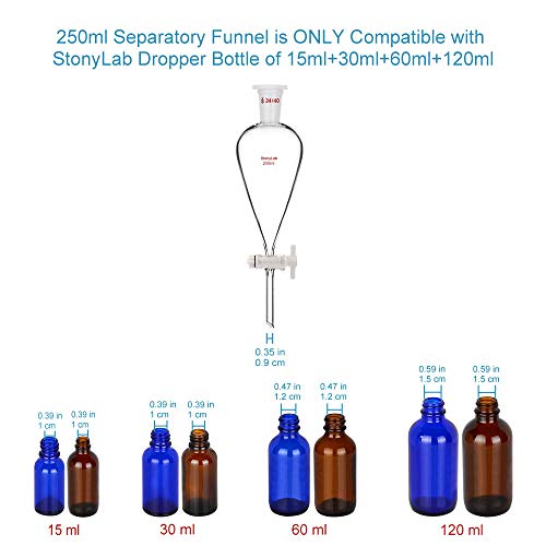 StonyLab 250 ml Embudo Separador, Separatory Funnel de Pared Pesada de Vidrio de Borosilicato con Juntas 24/40 y Tapón PTFE - 250 ml