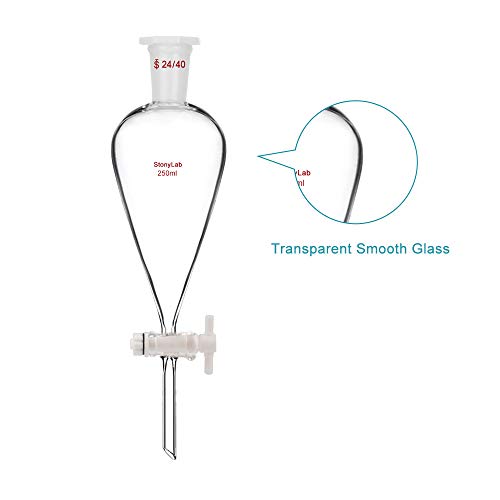 StonyLab 250 ml Embudo Separador, Separatory Funnel de Pared Pesada de Vidrio de Borosilicato con Juntas 24/40 y Tapón PTFE - 250 ml