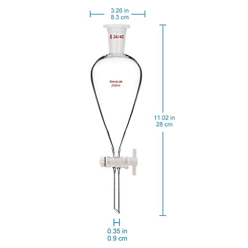 StonyLab 250 ml Embudo Separador, Separatory Funnel de Pared Pesada de Vidrio de Borosilicato con Juntas 24/40 y Tapón PTFE - 250 ml